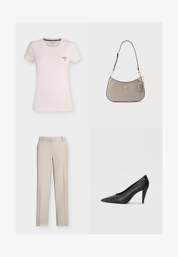 T-shirt ajusté rose clair à manches courtes, col rond et petit logo triangle rouge Guess sur la poitrine gauche.; Pantalon beige droit avec plis devant, passants pour ceinture et fermeture avant dissimulée, présenté sur un fond blanc uni.; Escarpins noirs en cuir avec un bout pointu, un design épuré et un accent subtil de logo doré sur le talon, avec une texture lisse.; Sac à main synthétique gris avec une forme incurvée, des accents en métal doré et une bandoulière amovible. Dispose d'un emblème en forme de triangle avec logo et de deux étiquettes.