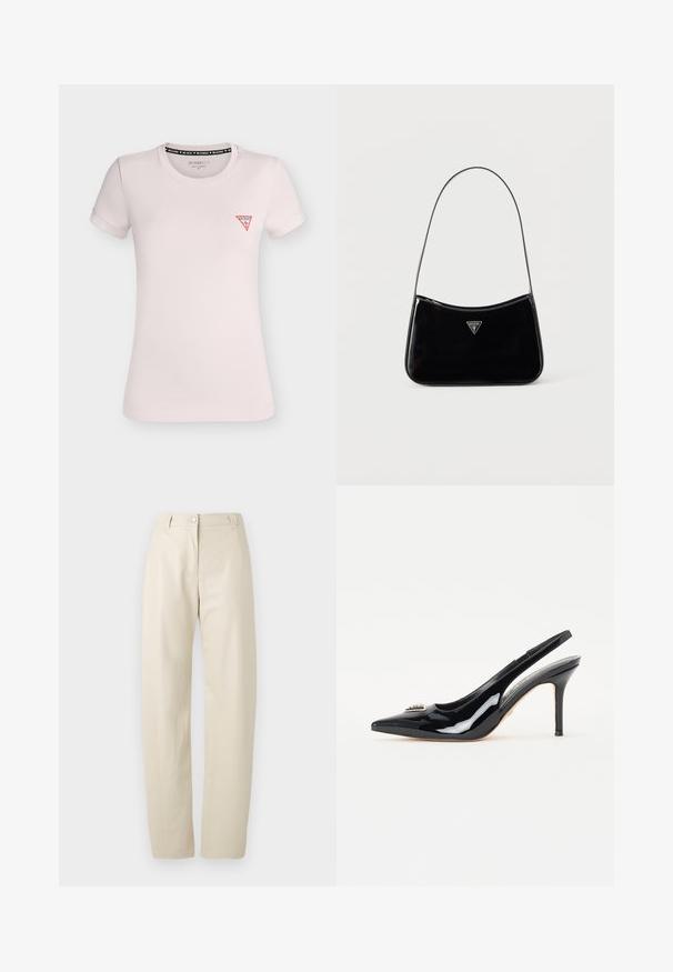 T-shirt ajusté rose clair à manches courtes, col rond et petit logo triangle rouge Guess sur la poitrine gauche.; Pantalons beiges à jambe droite avec fermeture à bouton et à glissière, passants de ceinture et poches latérales sur fond blanc uni.; Escarpins à talons slingback en cuir verni noir avec un bout pointu, un talon aiguille élancé et un ornement décoratif sur la tige.; Sac à bandoulière en cuir verni noir avec une sangle fine, logo triangulaire Guess sur le devant et une fermeture éclair supérieure.