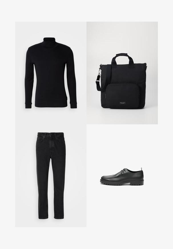 Sort langærmet turtleneck-trøje lavet af blødt stof. Har et tætsiddende design med ribbede manchetter og en glat overflade. Ingen mønstre eller logoer.; Sorte denim jeans med lige ben-design, med knap- og lynlåslukning, forlommer og subtile teksturer.; Sorte lædersko med en glat overflade, rund tå og dekorativ stikning. Har en gummisål med skridsikre spor og snørebåndsdesign.; Sort nylon tote taske med to korte håndtag, en aftagelig skulderrem og en frontlomme med lynlås. Inkluderer et brandlogo mærke.