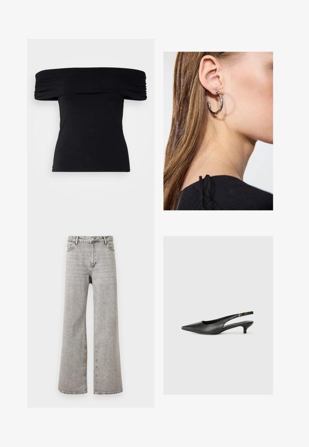 Sort off-shoulder top lavet af blødt stof. Har draperede detaljer langs ærmerne og en tætsiddende silhuet.; Grå højtaljede denimjeans med lige ben, foran knapper, lynlås og fem-lomme design på en ensfarvet hvid baggrund.; Sorte spidse slingback-sko lavet af glat læder. Har en tynd hæl og en spænde detalje på den justerbare rem.; Sølv hoop ørestik med en poleret overflade, prydet med små guld accenter og en rund form, båret på øreflippen.