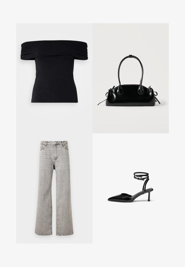 Sort off-shoulder top lavet af blødt stof. Har draperede detaljer langs ærmerne og en tætsiddende silhuet.; Grå højtaljede denimjeans med lige ben, foran knapper, lynlås og fem-lomme design på en ensfarvet hvid baggrund.; Sort læder højhælet sko med spids tå og ankelrem. Har et strømlinet design og en slank 5 cm hæl. Glat tekstur.; Lille sort blank håndtaske med to lange håndtag og snøre-detaljer i siden på en ensfarvet lys baggrund.