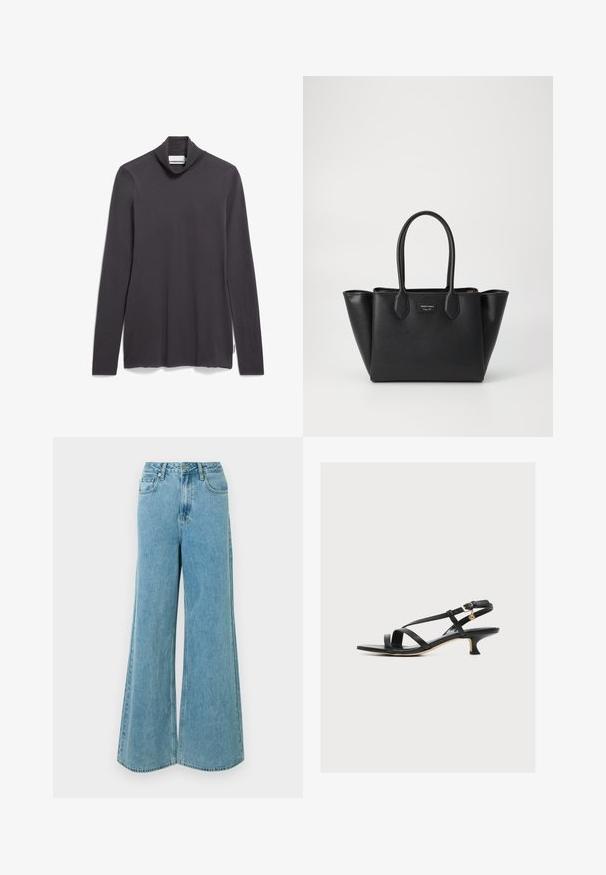 Top à manches longues et col montant en gris foncé, fabriqué dans un tissu doux. Présente une coupe décontractée avec des fentes latérales et une étiquette sur la couture inférieure gauche.; Jean large bleu clair à taille haute, en denim, avec poches avant et fermeture éclair. Texture lisse, détails minimaux.; Sandale noire en cuir pour femme avec fines brides croisées, petit talon kitten et petite boucle dorée sur la bride de cheville.; Sac fourre-tout noir structuré en cuir texturé. Équipé de deux poignées arrondies et d'une plaque avec logo à l'avant. Haut large et ouvert.