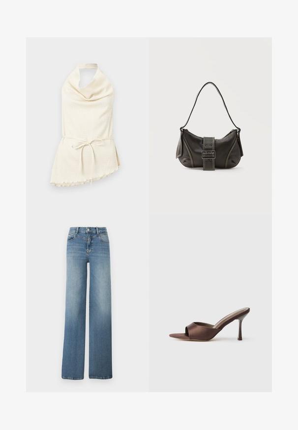 Haut crème sans manches à col licou avec décolleté drapé et ceinture nouée à la taille, en tissu légèrement texturé avec un ourlet asymétrique.; Jeans en denim bleu clair à jambes larges avec poches avant, fermeture par bouton, et texture délavée de la taille à l'ourlet.; Mule en satin marron à bout ouvert avec un talon fin de hauteur moyenne et une conception à enfiler sur fond blanc uni.; Sac à épaule en cuir noir avec une sangle à boucle, des bords arrondis et des coutures blanches contrastées sur un fond uni.