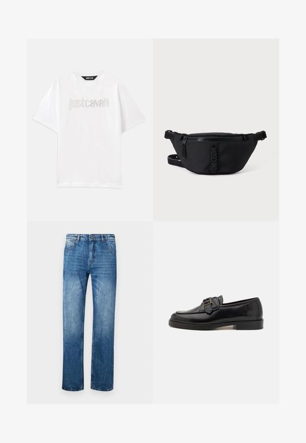 Weißes Baumwoll-T-Shirt mit kurzen Ärmeln und lockerer Passform. Mit "Just Cavalli" in Silber auf der Brust gestickt.; Blaue Jeans aus Denim mit geradem Schnitt, ausgestattet mit fünf Taschen, Gürtelschlaufen und subtilen Ausbleichungen im Stoff.; Schwarze Leder-Lederschuhe mit abgerundeter Zehenpartie und dekorativem Schnallenakzent. Flacher, solider Absatz und durchgehend glatte Oberfläche.; Schwarze Moschino Bauchtasche mit Frontreißverschluss und verstellbarem Riemen auf einfachem hellem Hintergrund.