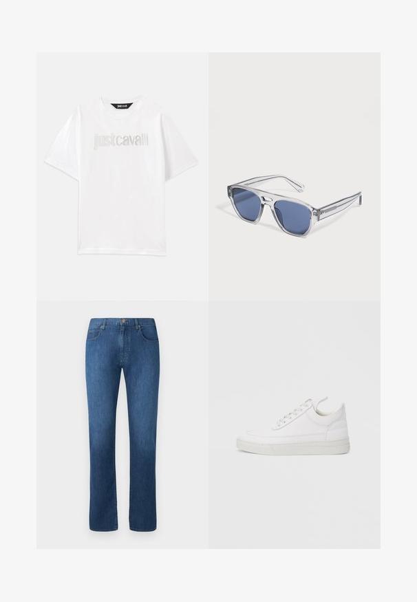 Weißes Baumwoll-T-Shirt mit kurzen Ärmeln und lockerer Passform. Mit "Just Cavalli" in Silber auf der Brust gestickt.; Dunkelblaue Jeans aus Denim mit geradem Bein, fünf Taschen und einem Frontknopfverschluss. Glatte Textur und klassische Nähdetails.; Weißer Ledersneaker mit abgerundetem Zehenbereich, flacher Sohle und Schnürverschluss. Verfügt über Nahtdetails und einen gepolsterten Kragen für zusätzlichen Komfort.; Sonnenbrille mit klarem Rahmen und rechteckigen, blau getönten Gläsern, liegend auf einer weißen Oberfläche.