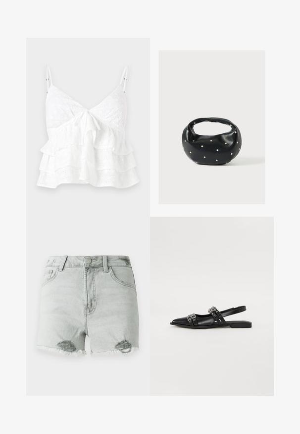 Witte mouwloze top met een V-hals, een strikdetail aan de voorkant en gelaagde ruches met oogjes borduursel overal.; Lichtgrijze denimshorts met een hoge taille, versleten details en rafelige hemden, en twee voorzakken. De stof lijkt zacht en gedragen.; Even&Odd by Zalando Slingback ballerina´s - black; Zwarte leren handtas met een afgeronde vorm, versierd met zilveren studs, en een korte handgreep. Gladde textuur en ritsluiting.