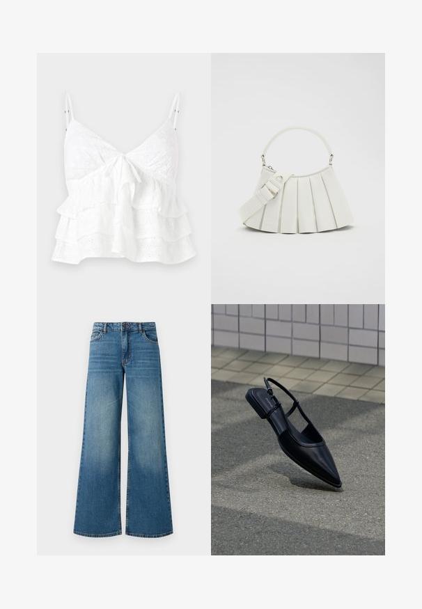 Witte mouwloze top met een V-hals, een strikdetail aan de voorkant en gelaagde ruches met oogjes borduursel overal.; Wijde spijkerbroek van blauw denim met een vervaagde afwerking, vijf-pocket ontwerp en standaard tailleband met een metalen knoop en ritsluiting.; Zwarte platte schoen met puntige neus en slingback, zwevend boven een asfaltoppervlak naast een betegeld trottoir.; Lacoste LENGLEN BAG - Handtas - cristalline