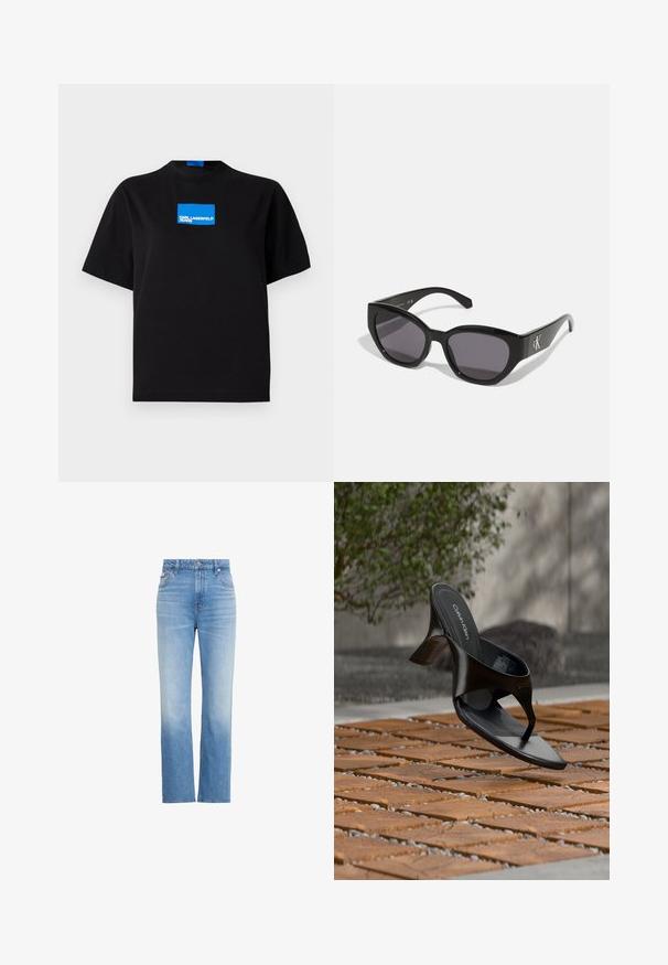 Zwarte katoenen t-shirt met ronde hals, voorzien van een blauwe rechthoekige grafische logo met de tekst "KARL LAGERFELD JEANS" aan de voorkant.; Lichtblauwe high-waisted rechte denim jeans met voorzakken, riemlussen, knoop en ritssluiting.; Zwarte Calvin Klein hoge hak teenslipper die zweeft boven een betegeld buitenterrein met groen en een betonnen muur op de achtergrond.; Zwarte zonnebril met een strak, hoekig ontwerp, donkere lenzen en een contrasterend zilveren logo aan de zijkant. Glad kunststof oppervlak.