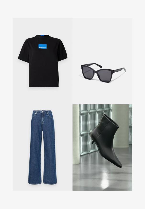 Camiseta de algodón negra con cuello redondo, que presenta un logo gráfico rectangular azul etiquetado "KARL LAGERFELD JEANS" en la parte frontal.; Vaqueros de mezclilla azul de pierna ancha con una cintura alta, que presentan bolsillos frontales y un cierre de un solo botón. Tejido texturizado con costuras visibles.; Botín negro de cuero con punta puntiaguda y tacón bajo estilo kitten, mostrado en ángulo sobre un suelo pulido y con una pared de bloques de vidrio de fondo.; Gafas de sol rectangulares negras con lentes oscuros y marcos brillantes. Presentan un logotipo plateado en el lateral. Forma cuadrada con brazos robustos.