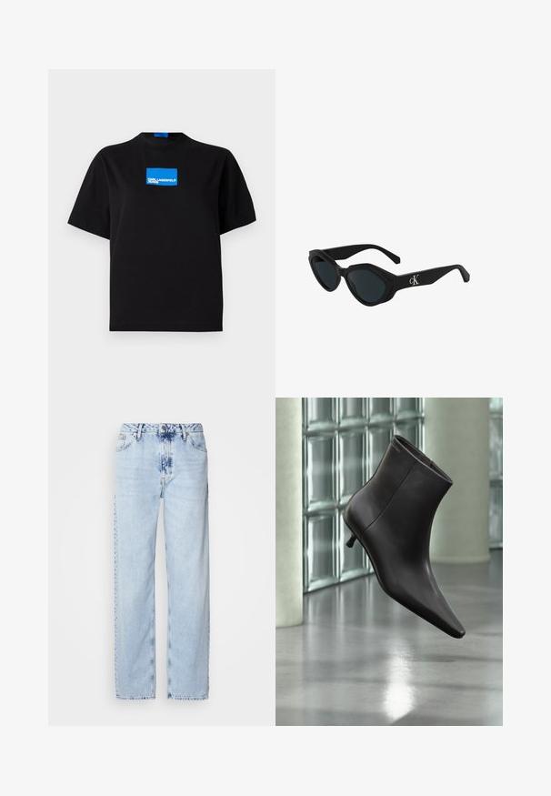 Camiseta de algodón negra con cuello redondo, que presenta un logo gráfico rectangular azul etiquetado "KARL LAGERFELD JEANS" en la parte frontal.; Jeans de pierna ancha en azul claro, confeccionados en denim, con una cintura alta, un lavado desgastado y un sutil patrón de tie-dye en la parte delantera.; Bota de cuero negro para el tobillo con puntera puntiaguda y tacón pequeño, exhibida frente a una pared de bloques de vidrio y un suelo pulido.; Gafas de sol negras con forma de ojo de gato, acabado brillante, lentes oscuros y un logo "cK" en la patilla. Diseño angular y montura gruesa.