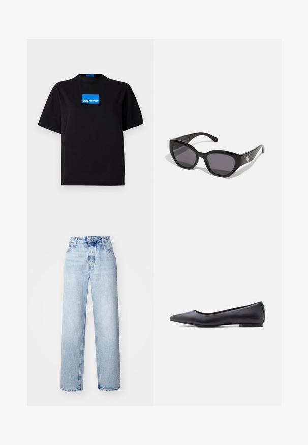Čierne bavlnené tričko s okrúhlym výstrihom, na prednej strane s modrým obdĺžnikovým grafickým logom s nápisom "KARL LAGERFELD JEANS".; Svetlomodré vysooko nasadené džínsy s voľným strihom, priamymi nohavicami, piatimi vreckami a klasickým zapínaním na gombík a zips.; Čierna kožená balerína s špičatou špičkou a nízkym podpätkom, zobrazená z profilu na bielom pozadí.; Čierne slnečné okuliare so štýlovým, uhlyzovaným dizajnom, tmavými sklami a kontrastným strieborným logom po stranách. Hladká plastová textura.