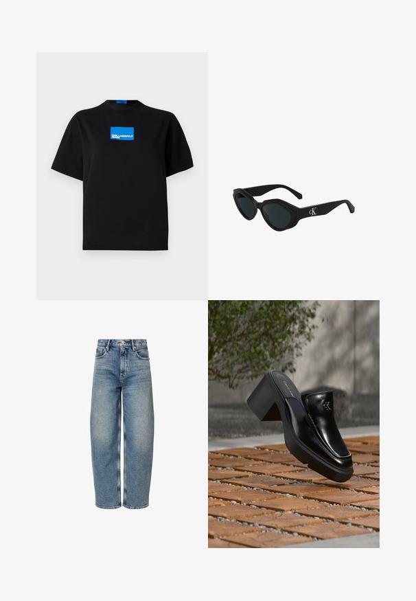 Camiseta de algodón negra con cuello redondo, que presenta un logo gráfico rectangular azul etiquetado "KARL LAGERFELD JEANS" en la parte frontal.; Pantalones vaqueros de denim azul claro con un corte relajado, cintura alta, piernas rectas y un ligero desvanecimiento. Presentan un diseño clásico de cinco bolsillos y cierre de botón en la parte frontal.; Mule tipo slip-on de cuero negro de Calvin Klein con tacón de bloque descansando sobre baldosas de madera al aire libre cerca de una planta verde y una pared gris.; Gafas de sol negras con forma de ojo de gato, acabado brillante, lentes oscuros y un logo "cK" en la patilla. Diseño angular y montura gruesa.
