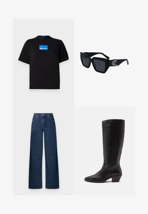 Čierne bavlnené tričko s okrúhlym výstrihom, na prednej strane s modrým obdĺžnikovým grafickým logom s nápisom "KARL LAGERFELD JEANS".; Džínsy širokých nohavíc z tmavého denimu. Majú klasický päťvreckový dizajn, zapínanie na gombík a jemné vyblednutie na kolenách.; Čierna kožená čižma po stred lýtka s špicatou špičkou a nízkym sklopeným podpätkom na jednoduchom svetlom pozadí.; Čierne slnečné okuliare s hranatým rámom, tmavé šošovky, matný povrch a strieborný detail loga CK na bočnej strane.