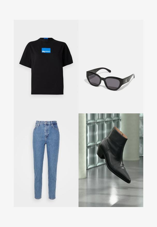 Čierne bavlnené tričko s okrúhlym výstrihom, na prednej strane s modrým obdĺžnikovým grafickým logom s nápisom "KARL LAGERFELD JEANS".; Modré vysoko sohnuté rovné nohavice s predným gombíkom a zipsom, pútka na opasok a vrecká, vystavené na jednoduchom bielom pozadí.; Čierna kožená členková obuv s ostrou špičkou a blokovým podpätkom vznášajúca sa nad odrazovou sivou podlahou pri stene zo sklenených blokov.; Čierne slnečné okuliare so štýlovým, uhlyzovaným dizajnom, tmavými sklami a kontrastným strieborným logom po stranách. Hladká plastová textura.