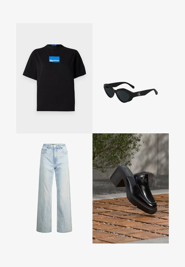 Camiseta de algodón negra con cuello redondo, que presenta un logo gráfico rectangular azul etiquetado "KARL LAGERFELD JEANS" en la parte frontal.; Jeans de tiro alto en denim de lavado claro, con un diseño clásico de cinco bolsillos y costuras en contraste. Corte de pierna recta y dobladillo deshilachado.; Mule tipo slip-on de cuero negro de Calvin Klein con tacón de bloque descansando sobre baldosas de madera al aire libre cerca de una planta verde y una pared gris.; Gafas de sol negras con forma de ojo de gato, acabado brillante, lentes oscuros y un logo "cK" en la patilla. Diseño angular y montura gruesa.