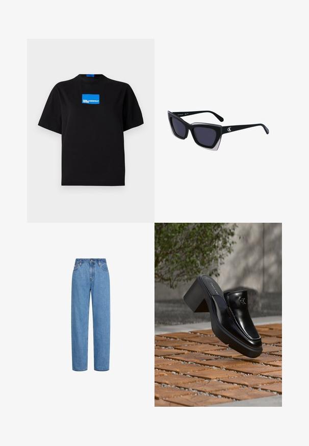 Čierne bavlnené tričko s okrúhlym výstrihom, na prednej strane s modrým obdĺžnikovým grafickým logom s nápisom "KARL LAGERFELD JEANS".; Modré džínsy priamého strihu s vysokým pásom, predným gombíkom a vreckami, zobrazené na bielom pozadí.; Čierne kožené šľapky Calvin Klein s blokovým podpätkom, ktoré oddychujú na drevených dlaždiciach vonku blízko zelenej rastliny a šedej steny.; Čierne oversized slnečné okuliare s geometrickým tvarom, s tmavými šošovkami a kontrastným šedým detailom na ráme. Logo na mostíku.