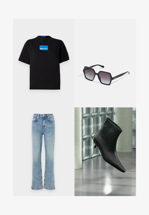 Čierne bavlnené tričko s okrúhlym výstrihom, na prednej strane s modrým obdĺžnikovým grafickým logom s nápisom "KARL LAGERFELD JEANS".; Svetlomodré zvonové džínsy vyrobené z denimu, s gombíkovým zapínaním, piatimi vreckami a jemným vyblednutím pre opotrebovaný vzhľad.; Čierna kožená členková čižma so špicatou špičkou a nízkym kitten podpätkom, zobrazená šikmo na pozadí leštenej podlahy a steny zo sklenených blokov.; Čierne hexagonálne slnečné okuliare s gradientovými šošovkami, majú lesklý povrch a diskrétne logo na stranici. Vyrobené z odolného plastu.
