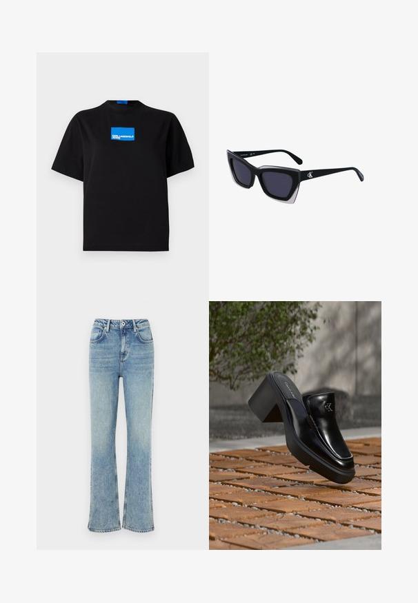 Čierne bavlnené tričko s okrúhlym výstrihom, na prednej strane s modrým obdĺžnikovým grafickým logom s nápisom "KARL LAGERFELD JEANS".; Svetlomodré zvonové džínsy vyrobené z denimu, s gombíkovým zapínaním, piatimi vreckami a jemným vyblednutím pre opotrebovaný vzhľad.; Čierne kožené šľapky Calvin Klein s blokovým podpätkom, ktoré oddychujú na drevených dlaždiciach vonku blízko zelenej rastliny a šedej steny.; Čierne oversized slnečné okuliare s geometrickým tvarom, s tmavými šošovkami a kontrastným šedým detailom na ráme. Logo na mostíku.