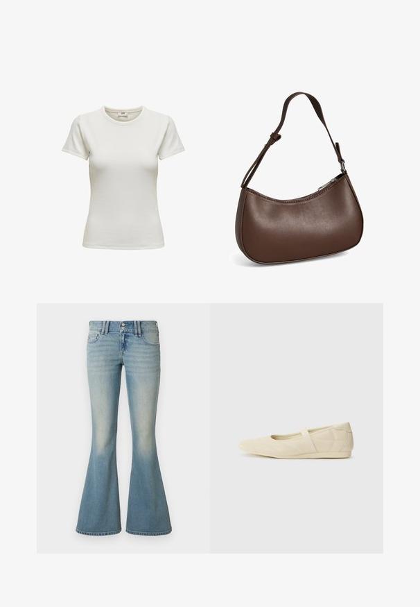 T-shirt blanc à manches courtes avec un col rond, en tissu côtelé. Texture lisse et coupe ajustée. Étiquette visible à l'intérieur du col.; Jean évasé en denim bleu clair avec une taille haute, un léger délavage, deux poches avant et deux poches arrière avec fermeture par bouton.; Ballerines beiges avec une exterior en cuir lisse, un bout en forme d'amande et une sangle élastique sur le coup de pied, avec des détails de couture subtils.; Petit sac bandoulière en cuir marron avec sangle réglable et fermeture éclair, présenté sur fond blanc. Aucun logo ou décoration visible.