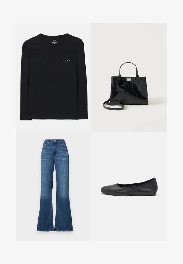 Zwarte lange mouwen shirt van zacht katoen met een ronde hals; voorzien van een klein, gedrukt logo op de linker borst.; Wijde pijp jeans van middelmatig gewassen denim. Heeft een hoge taille, sluiting met een knop aan de voorkant en minimale vervaging. Rechte snit van bovenbeen tot zoom.; Zwarte leren ballerina met een ronde neus, gladde textuur, minimale stikdetails en een flexibele zoolontwerp.; Zwarte handtas van lakleer met afgeronde handgrepen, een afneembare schouderriem en zilveren sluiting op een effen witte achtergrond.