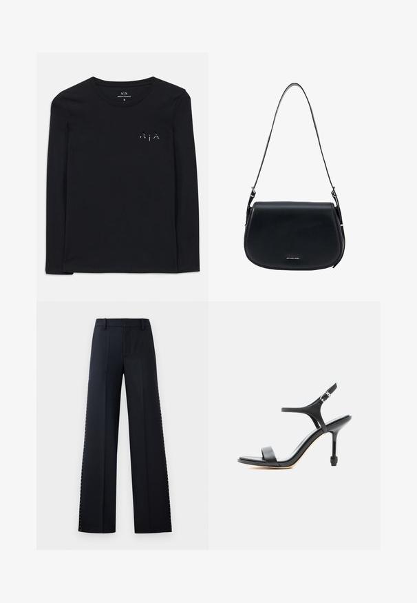 Camiseta negra de manga larga hecha de algodón suave con un cuello redondo; presenta un pequeño logo impreso en la parte izquierda del pecho.; Pantalones de pierna ancha en negro. Corte entallado con una textura suave. Presenta una fila de remaches metálicos a lo largo de las costuras laterales como detalle.; Sandalia negra de cuero con tacón alto, tiras delgadas, puntera abierta y hebilla ajustable en el tobillo, presentada sobre un fondo blanco liso.; Bolso de hombro de cuero negro Michael Kors con solapa curva y correa ajustable, con un pequeño logo plateado en el centro delantero.