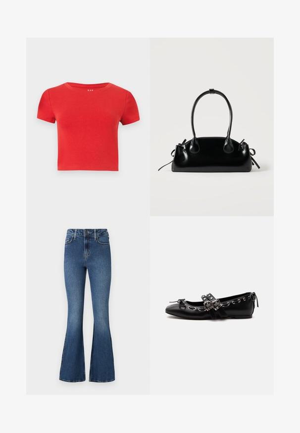 T-shirt rouge en coton à manches courtes avec un col rond et une coupe ajustée. Texture lisse avec un minimum de détails.; Jean évasé en denim bleu à taille haute, avec un design standard à cinq poches et une fermeture à bouton. Texture douce avec des détails légèrement décolorés.; Chaussure de ballet plate noire avec doubles brides à boucle, œillets argentés et petit nœud près de l’orteil arrondi sur fond blanc.; Petit sac à main noir brillant avec deux longues anses et des détails à cordon sur les côtés sur un fond clair uni.