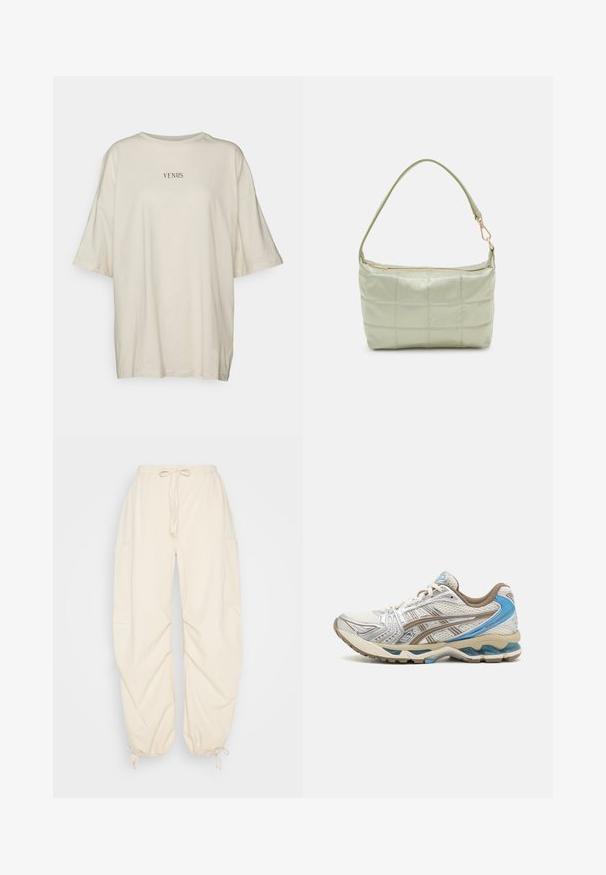 Cremefarvet oversized t-shirt lavet af blødt stof, med rund hals og korte ærmer. Centreret sort tekst, der siger "VENUS."; Weekday SKYLER PARACHUTE TROUSER - Cargobukser - white dusty light; Hvid og beige løbesko med blå accenter, netoverdel, polstret sål og snørelukning, vist fra ydersiden.; Polstret grøn skuldertaske med blød tekstur, rektangulær form, enkelt strop og lynlås i guldtoner. Har et quiltet mønster.