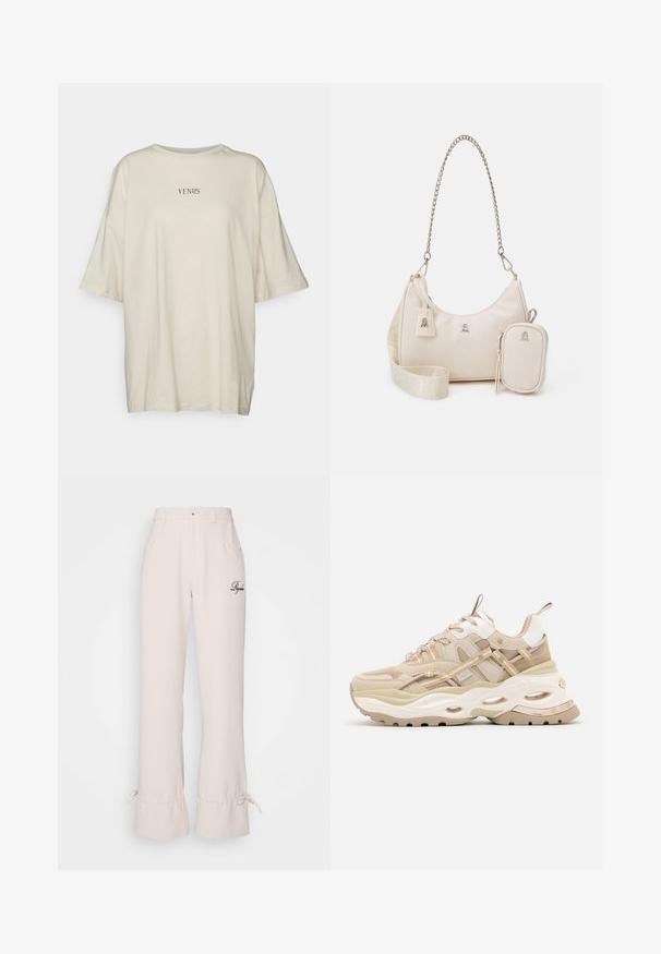 Cremefarbenes, oversized T-Shirt aus weichem Stoff, mit Rundhalsausschnitt und kurzen Ärmeln. In der Mitte steht der schwarze Text „VENUS.“; Beige Wide-Leg-Hosen mit hoher Taille, Fronttaschen, dezentem Rüschendetail am Saum und gesticktem Logo in Dunkelbraun.; Beige-weißer klobiger Sneaker mit dicker Sohle, Mesh- und Lederpaneelen, ovalen Aussparungen in der Zwischensohle, Zuglaschen an Zunge und Ferse.; Beige Lederhandtasche mit einer geschwungenen Form, Kettenriemen, silberner Hardware und abnehmbarem kleinem Täschchen. Texturiertes Band mit Logo-Muster.