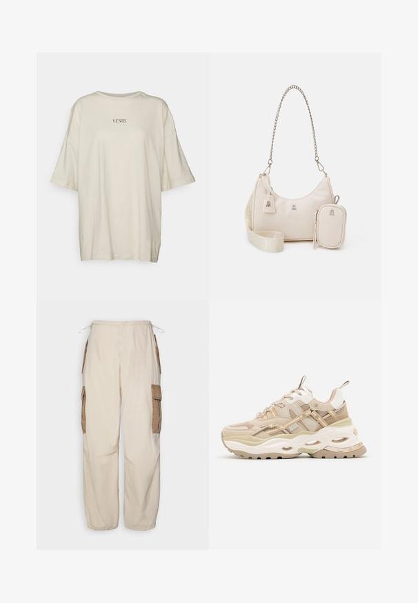 Cremefarvet oversized t-shirt lavet af blødt stof, med rund hals og korte ærmer. Centreret sort tekst, der siger "VENUS."; BDG Urban Outfitters CONTRAST - Cargobukser - beige; Beige og hvide chunky sneakers med tyk sål, mesh- og læderpaneler, ovale udskæringer i mellemsålen, trækstropper på tunge og hæl.; Beige lædertaske med en buet form, kædestrop, sølvfarvet hardware og aftagelig lille pung. Tekstureret strop med logo mønster.