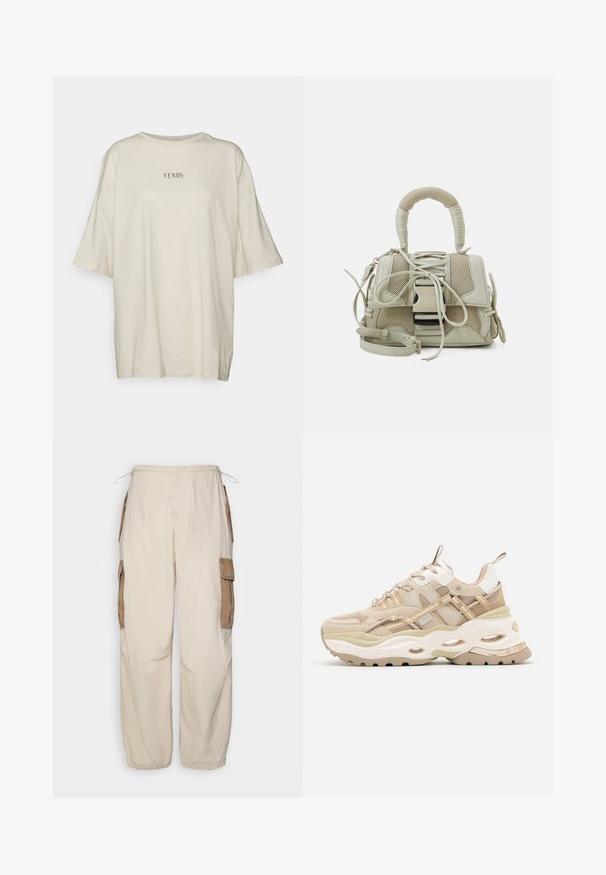 Crèmewit oversized t-shirt van zachte stof, met een ronde hals en korte mouwen. In het midden staat in zwarte tekst "VENUS."; BDG Urban Outfitters CONTRAST - Cargobroek - beige; Beige en witte chunky sneaker met dikke zool, mesh- en leren panelen, ovale uitsparingen in de tussenzool, trekriemen op de tong en hiel.; Beige handtas met een gestructureerd meshdesign, een stevige vorm, een handvat bovenop en een afneembare schouderriem; heeft vetersluitingdetails en hardwareaccenten.