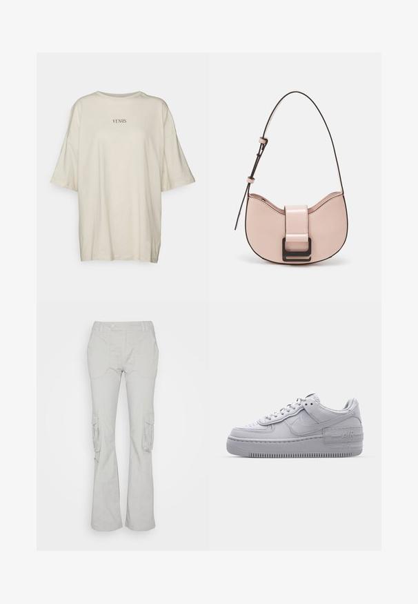 Cremefarbenes, oversized T-Shirt aus weichem Stoff, mit Rundhalsausschnitt und kurzen Ärmeln. In der Mitte steht der schwarze Text „VENUS.“; Cotton On BOOTLEG PANT - Cargohose - slate; Graue Nike Air Force 1 Sneaker mit perforierter Zehenpartie, Obermaterial aus glattem Leder, dicker Sohle und geprägtem 'AIR'-Detail an der Ferse.; Kleine, geschwungene Handtasche aus pinkem Leder mit glänzender Oberfläche, ausgestattet mit einem schwarzen Akzentgurt und einem großen schwarzen Verschluss. Crossbody-Design.