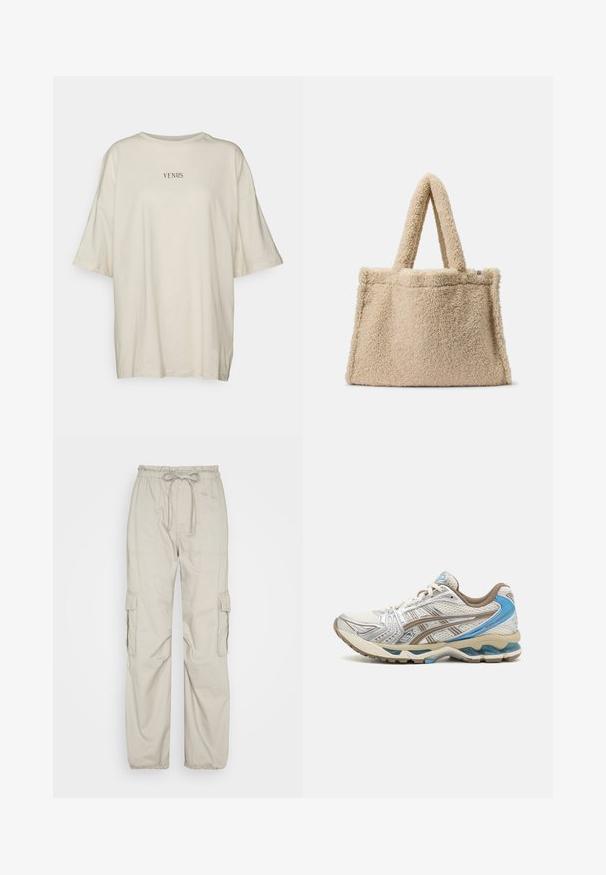 Cremefarvet oversized t-shirt lavet af blødt stof, med rund hals og korte ærmer. Centreret sort tekst, der siger "VENUS."; Abercrombie & Fitch TIE WAIST BAGGY PANT - Cargobukser - porpoise; Hvid og beige løbesko med blå accenter, netoverdel, polstret sål og snørelukning, vist fra ydersiden.; Beige teddy stof tote bag med to korte håndtag, blødt tekstur og en struktureret form. Ingen synligt hardware eller yderligere detaljer.
