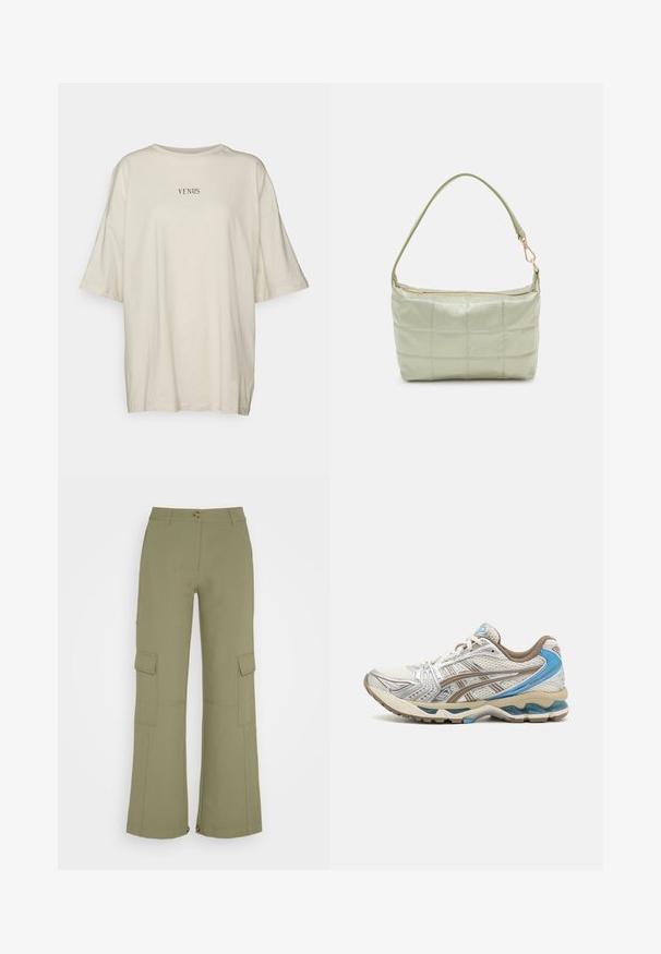 Cremefarbenes, oversized T-Shirt aus weichem Stoff, mit Rundhalsausschnitt und kurzen Ärmeln. In der Mitte steht der schwarze Text „VENUS.“; Envii PANTS - Cargohose - deep lichen green; Weißer und beiger Laufschuh mit blauen Akzenten, Mesh-Obermaterial, gepolsterter Sohle und Schnürdesign, von der Außenseite gezeigt.; Gepolsterte grüne Schultertasche mit weicher Textur, rechteckiger Form, einem Trageriemen und goldfarbener Reißverschlussöffnung. Verfügt über ein gestepptes Muster.