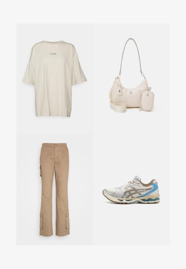 Crèmewit oversized t-shirt van zachte stof, met een ronde hals en korte mouwen. In het midden staat in zwarte tekst "VENUS."; Nicki Studios STRAIGHT POCKET PANTS - Cargobroek - kahve; Witte en beige hardloopschoen met blauwe accenten, mesh bovenwerk, gewatteerde zool en vetersluiting, getoond vanaf de buitenkant.; Beige leren handtas met een gebogen vorm, kettingriem, zilveren hardware en een afneembare kleine tas. Gestructureerde riem met logo-patroon.