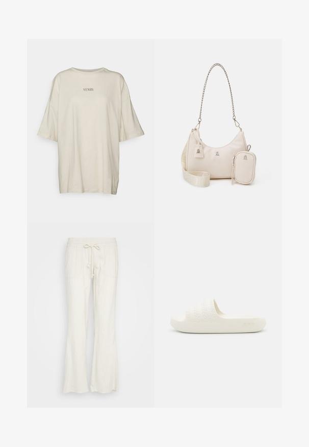 Cremefarvet oversized t-shirt lavet af blødt stof, med rund hals og korte ærmer. Centreret sort tekst, der siger "VENUS."; Linnedesign, cremefarvede bukser med en flagrende stil. Har en elastisk talje, snøring og to frontlommer.; Hvide slip-on sandaler med en tekstureret rem, der har vandrette riller og en glat sål. Subtil branding på siden.; Beige lædertaske med en buet form, kædestrop, sølvfarvet hardware og aftagelig lille pung. Tekstureret strop med logo mønster.