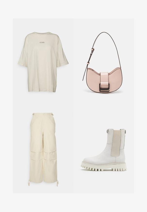 Cremefarbenes, oversized T-Shirt aus weichem Stoff, mit Rundhalsausschnitt und kurzen Ärmeln. In der Mitte steht der schwarze Text „VENUS.“; WRSTBHVR ZERA PANTS EGGSHELL WOMEN - Stoffhose - off white; Bronx GROOV-Y - Plateaustiefelette - winter white; Kleine, geschwungene Handtasche aus pinkem Leder mit glänzender Oberfläche, ausgestattet mit einem schwarzen Akzentgurt und einem großen schwarzen Verschluss. Crossbody-Design.