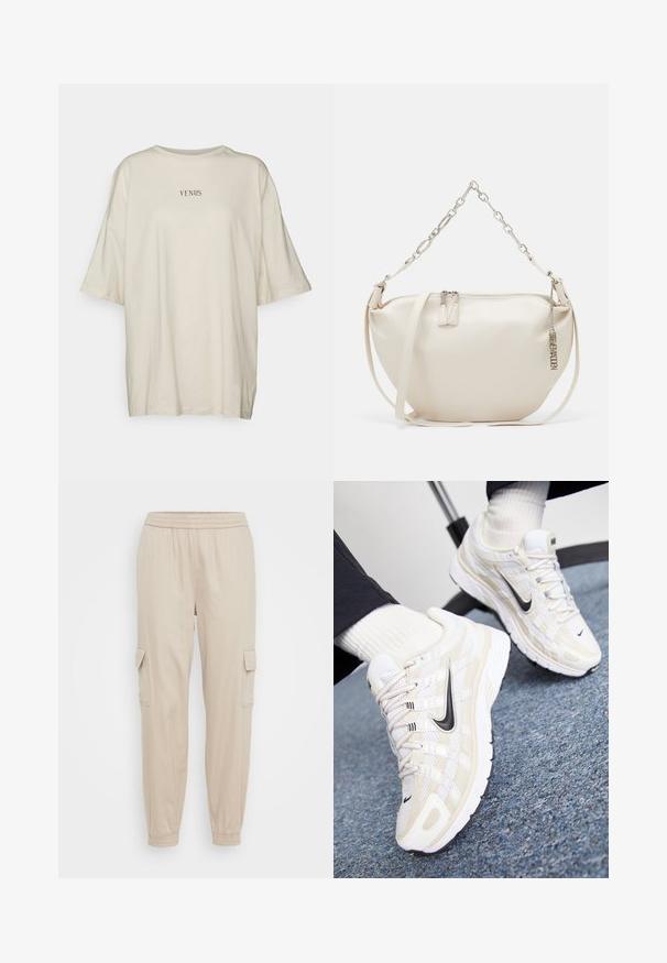 Cremefarvet oversized t-shirt lavet af blødt stof, med rund hals og korte ærmer. Centreret sort tekst, der siger "VENUS."; Beige cargo bukser med elastisk talje, tapered ben og sidelommer. Glat stoftekstur med en afslappet pasform. Minimalistisk design.; Hvide og beige Nike sneakers med en mesh-overdel, tekstureret overflade, sort swoosh og en polstret sål med en skridsikker ydersål.; Beige lædertaske med en buet form, sølv kædetræk og lynlåslukning. Har to lynlåsdragter og et mærket metalcharme.
