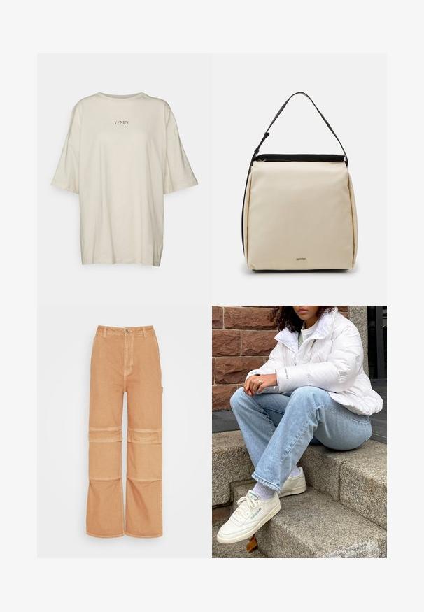 Crèmewit oversized t-shirt van zachte stof, met een ronde hals en korte mouwen. In het midden staat in zwarte tekst "VENUS."; Samsøe Samsøe Relaxed fit jeans - earth; Witte pufferjack met een hoge kraag, lichtblauwe denim jeans en witte Reebok sneakers. Geïntegreerde stenen trappen op de achtergrond.; Calvin Klein GRACIE - Shopper - dark ecru