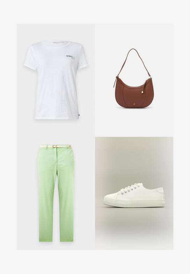 T-shirt en coton blanc à manches courtes, avec "SUMMER CLUB" brodé en turquoise et vert sur la partie gauche de la poitrine. Encolure ronde classique.; Pantalon en coton vert clair avec une coupe droite, doté d'une ceinture tissée beige, de poches avant et sans motifs ni ornements visibles.; Baskets basses blanches avec lacets blancs et semelle en caoutchouc, vues de côté sur un fond neutre.; Sac à épaule en faux cuir brun, de forme arrondie, avec des coutures minimales et un accent en matériel doré. Il possède une fermeture zippée sur le dessus et une sangle réglable.