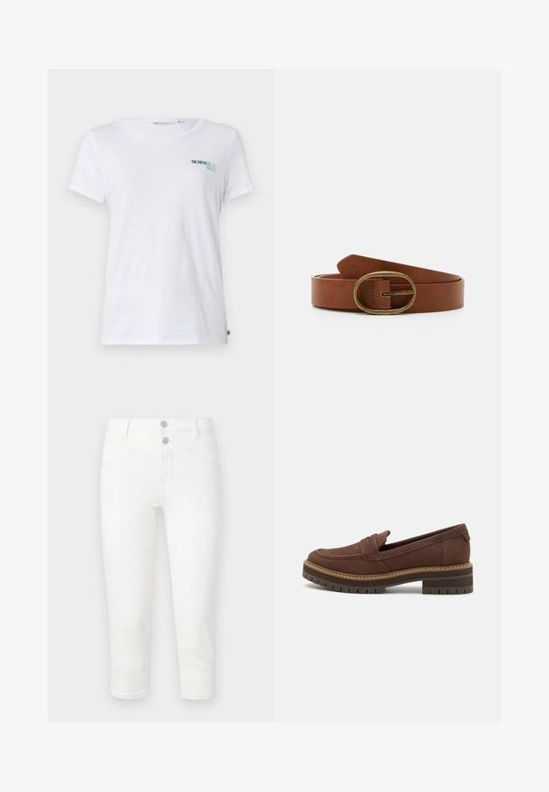 T-shirt en coton blanc à manches courtes, avec "SUMMER CLUB" brodé en turquoise et vert sur la partie gauche de la poitrine. Encolure ronde classique.; Jean blanc court en tissu mélangé coton. Dispose de deux poches avant, deux poches arrière et d'une finition lisse. Fermeture à bouton en métal.; TOMS CARA - Chaussons - dark brown; Ceinture en cuir marron avec une boucle en bronze en forme d'oval. La ceinture présente une texture lisse et un détail de couture unique près de la boucle pour le design.