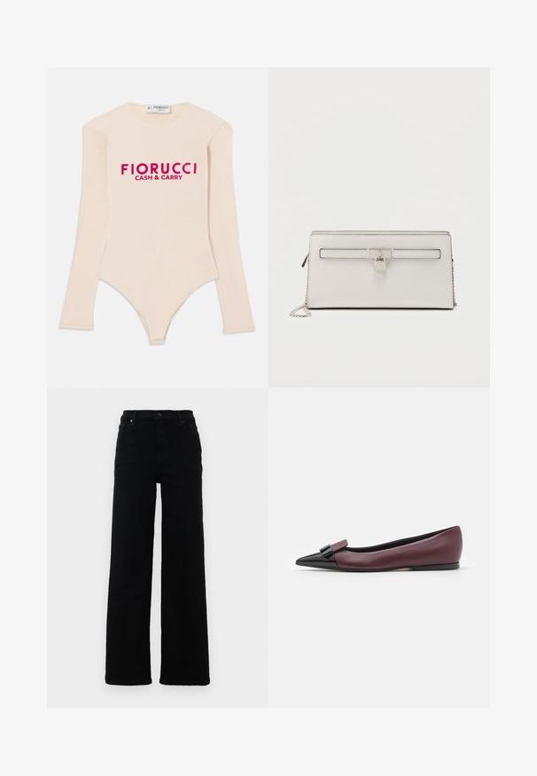 Bodysuit nude de manga larga fabricado en tejido suave, con escote en forma de barco y el llamativo logo en rosa "Fiorucci CASH & CARRY" en el pecho.; Jeans negros de cintura alta con un diseño de pierna recta, hechos de denim. Incluyen características como trabillas para cinturón, bolsillos frontales y un detalle de botón.; Zapato plano de cuero burdeos con punta afilada, con un detalle negro brillante en la punta y un diseño elegante.; Cartera de cuero blanco con textura suave, que presenta un cierre en tono plateado, correa de cadena desmontable y un bolsillo horizontal con cremallera.