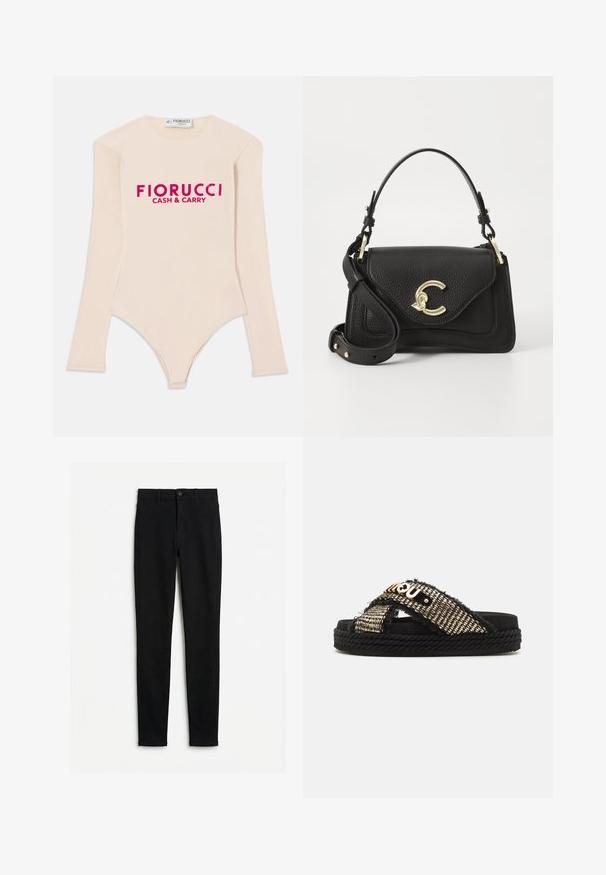 Bodysuit nude de manga larga fabricado en tejido suave, con escote en forma de barco y el llamativo logo en rosa "Fiorucci CASH & CARRY" en el pecho.; Jeans negros ajustados de talle alto con trabillas para cinturón, cierre frontal de botones y cremallera, mostrados extendidos sobre un fondo blanco.; Sandalias de plataforma negras con correas de tela trenzada que presentan un borde deshilachado. Incluyen un detalle de logo metálico y una suela trenzada de estilo yute.; Bolso de piel negra con un acabado texturizado, que presenta un cierre en tono dorado, un asa superior y una correa de hombro ajustable.