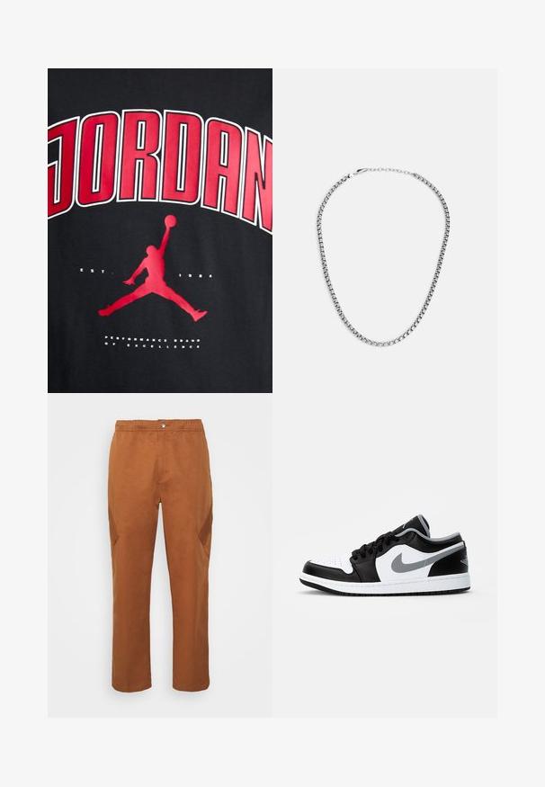 Camiseta negra con el texto en rojo "JORDAN" en negrita, la silueta de una figura saltando y "EST. 1984" en blanco debajo del gráfico.; Jordan CHICAGO PANT - Pantalones cargo - british tan; Jordan AIR JORDAN 1 - Zapatillas - black/particle grey-white; Fossil JEWELRY NECKLACE - Collar - silver-coloured