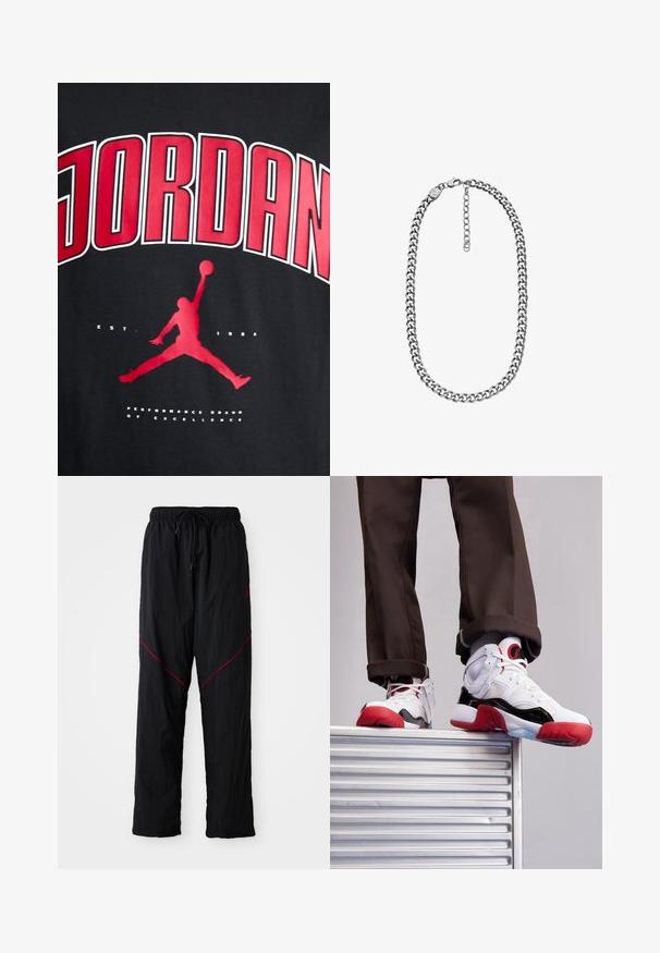 Camiseta negra con el texto en rojo "JORDAN" en negrita, la silueta de una figura saltando y "EST. 1984" en blanco debajo del gráfico.; Pantalones deportivos negros con un acabado texturizado, con cintura ajustable con cordón, líneas de acento rojas y un corte holgado.; Zapatillas deportivas blancas y negras con acentos rojos. Presentan materiales de malla y cuero, punta redondeada y suela de goma texturizada.; Collar de cadena curb en tono plateado con cierre de langosta y cadena extensible ajustable sobre fondo blanco.