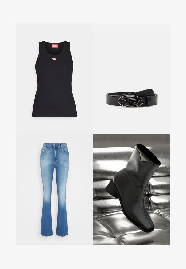 Schwarzes Tanktop aus Baumwolle mit rundem Ausschnitt, das ein kleines rotes Logo auf der Brust und eine taillierte Passform aufweist.; Hellblaue, ausgestellte Jeans mit hoher Taille, subtiler Ausbleichung an den Oberschenkeln, zwei Fronttaschen und einem Knopfverschluss am Bund.; Schwarze Leder-Ankle-Boots mit spitzem Zehenbereich, minimalistischem Design und kleinem Absatz. Verfügt über metallische Akzente im Obermaterial.; Schwarzer Leder-Gürtel mit breitem Riemen, einer ovalen silbernen Schnalle mit geometrischem Design und einer durchgehend glatten Textur.
