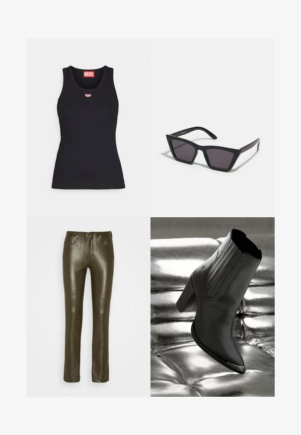 Schwarzes Tanktop aus Baumwolle mit rundem Ausschnitt, das ein kleines rotes Logo auf der Brust und eine taillierte Passform aufweist.; Olivgrüne Lederhosen mit schlanker Passform, Fünf-Taschen-Design, klassischem Knopf- und Reißverschluss. Glatte Textur und gerade Beinform.; Schwarze Leder-Ankle-Boots mit einem hohen Absatz, die vertikale Nähte und einen glänzenden silbernen Akzent auf der Zehe aufweisen, vor einem metallischen Hintergrund.; Schwarze, eckige Sonnenbrille mit grauen Gläsern; aus Kunststoff gefertigt, mit dicken Bügeln, die eine glatte Oberfläche und keine sichtbaren Beschläge haben.