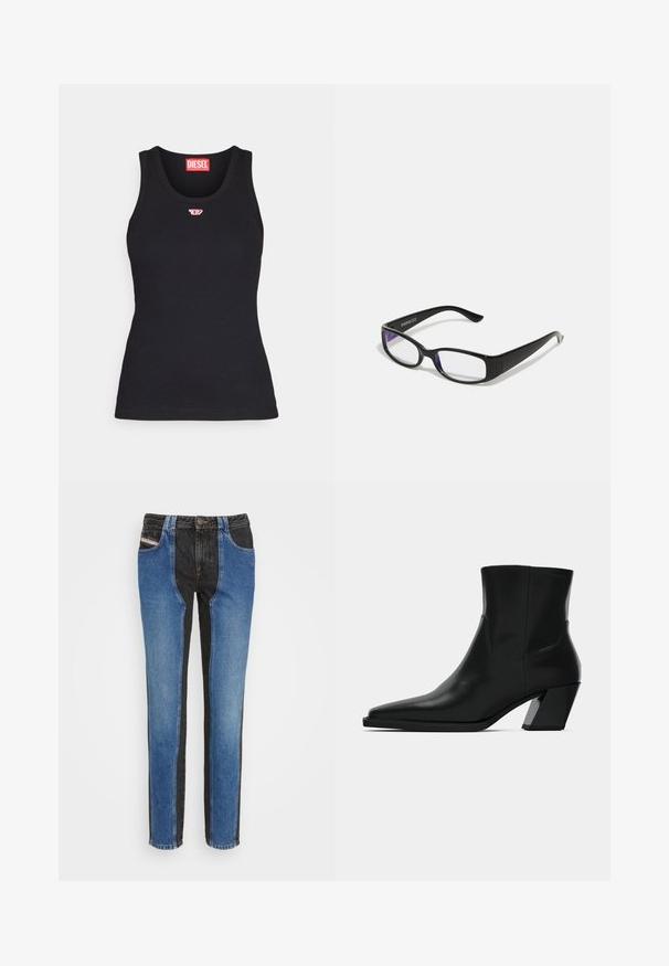 Schwarzes Tanktop aus Baumwolle mit rundem Ausschnitt, das ein kleines rotes Logo auf der Brust und eine taillierte Passform aufweist.; Diesel TAIL - Jeans Skinny Fit - denim; Schwarze Leder-Stiefelette mit spitzem Zeh, schlanker Silhouette und klobigem quadratischem Absatz. Glatte Textur mit minimalen Nähdetails.; Schwarze rechteckige Brille mit klaren Gläsern. Glänzende Oberfläche, schmale Bügel und lila Tönung an den Rändern der Gläser sichtbar.