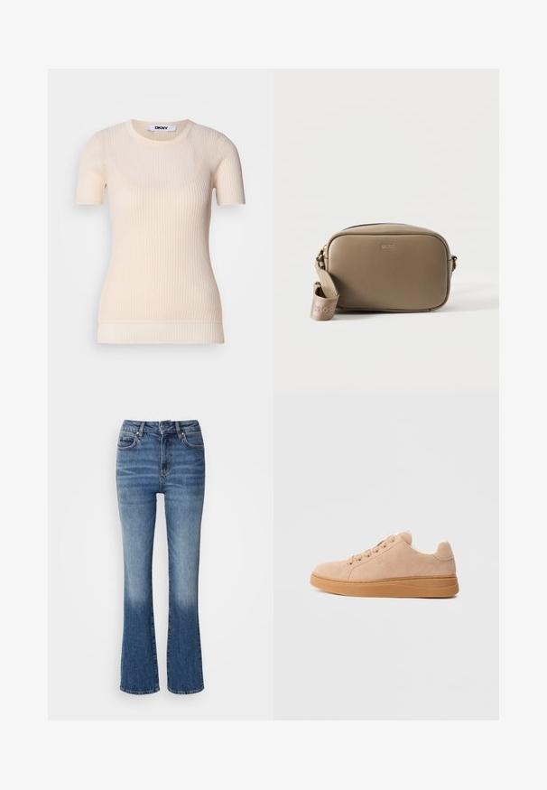 Crème ribfluwelen top met korte mouwen en een ronde halslijn. Gemaakt van een zachte stof, met een getailleerde pasvorm en een subtiele textuur. DKNY-label zichtbaar.; Denim flared jeans in een licht naar donkerblauwe gradient, met een hoge taille, vijf zakken en lichte vervaging op de onderbenen.; Beige suède sneakers met een zachte voering, voorzien van zes veterogen en een geribbelde rubberen zool. Versterkte stiksels langs de randen.; Taupekleurige rechthoekige leren crossbodytas met gouden BOSS-logo en afneembare gebrande stoffen riem op een witte achtergrond.