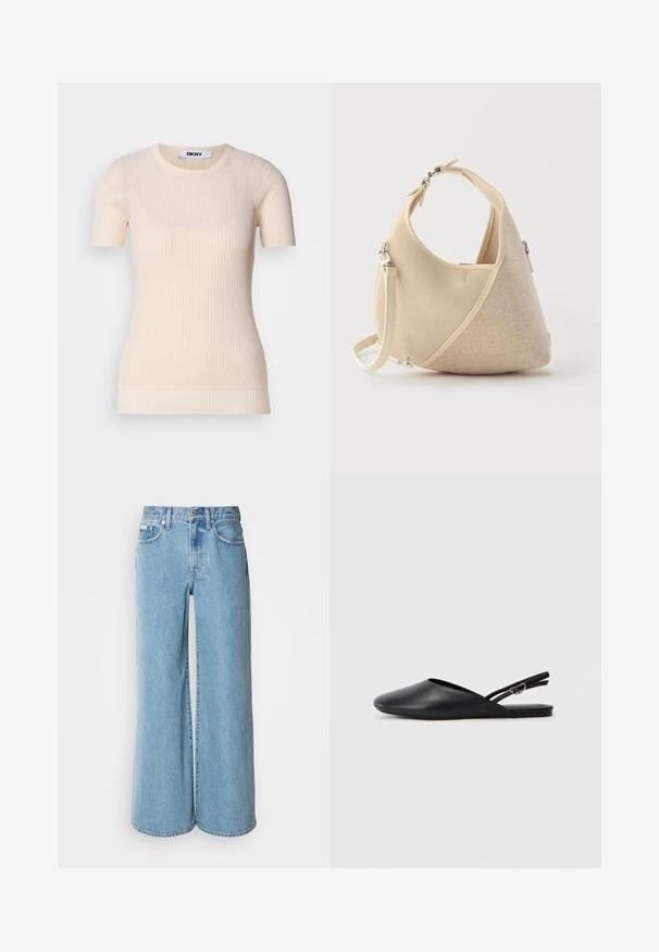 Crème ribfluwelen top met korte mouwen en een ronde halslijn. Gemaakt van een zachte stof, met een getailleerde pasvorm en een subtiele textuur. DKNY-label zichtbaar.; Lichtblauwe wijde jeans van denim, met een hoge taille, vijf pockets en subtiele vervaging langs de stof.; Zwarte leren slingback schoenen met een puntige neus, gebogen ontwerp en verstelbare gesp. Glad textuur, platte zool, minimale details.; Beige handtas in halve maanvorm met gemengde stoftexturen, korte handgreep en afneembare schouderriem, tegen een lichte achtergrond.