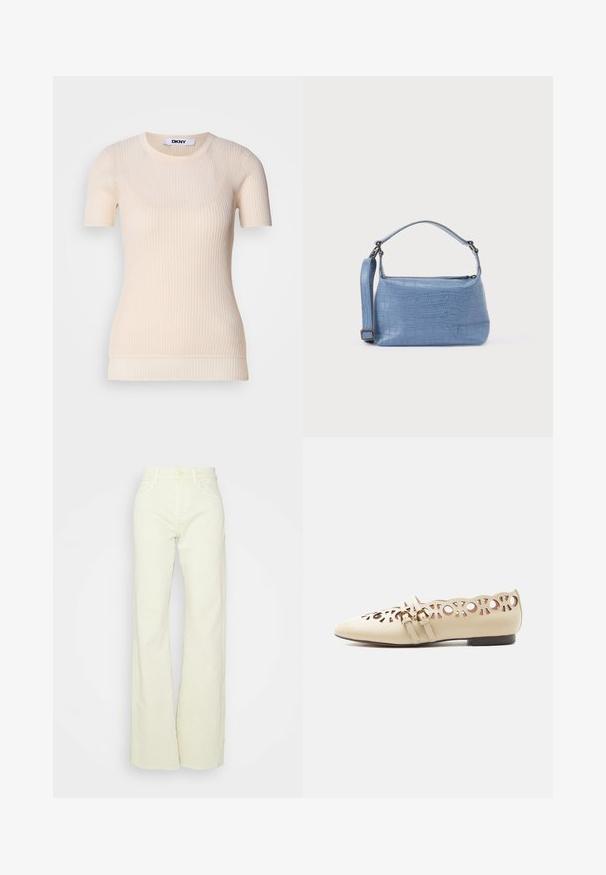Haut court à rayures crèmes avec un col rond. Fabriqué à partir d'un matériau doux, il présente une silhouette ajustée et une texture subtile. Étiquette DKNY visible.; 7 for all mankind TESS TROUSER MANKIND - Pantalon classique - yellow; Chaussure plate beige avec bout pointu, doubles brides avec boucles dorées, et motifs décoratifs découpés en formes circulaires et nœuds sur les côtés.; Sac à main bleu clair embossé façon crocodile avec une poignée courte et une bandoulière amovible. Texture lisse avec une fermeture éclair.